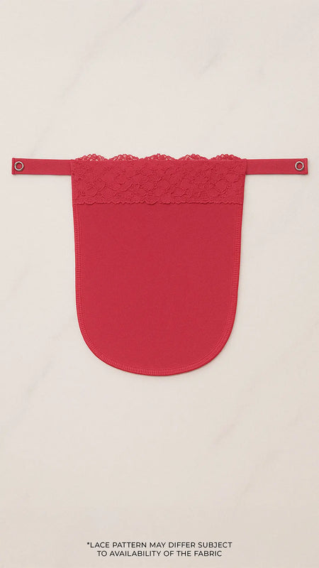 Dark pink lace mocker modesty panel in flatlay view, highlighting intricate lace pattern and secure fastening for elegant deep-neck coverage — Muselot.