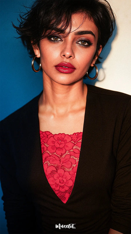 Editorial shot of model wearing Lacy Red Mockers with a black dress, showcasing bold lace detail and accentuating the deep neckline with striking contrast – Muselot.