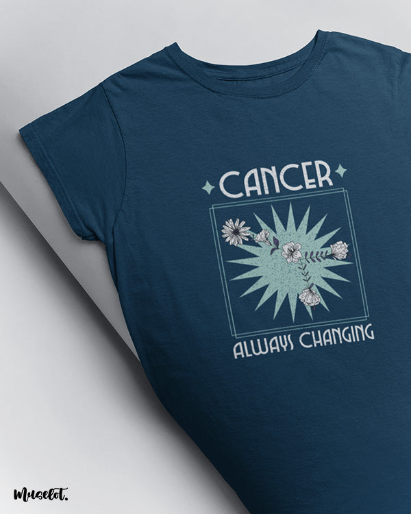 Cancer always changing zodiac design illustrated printed t shirt in navy blue colour at Muselot