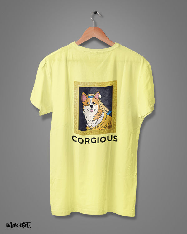Corgious design illustrated printed t shirts in butter yellow colour for corgi lovers at Muselot