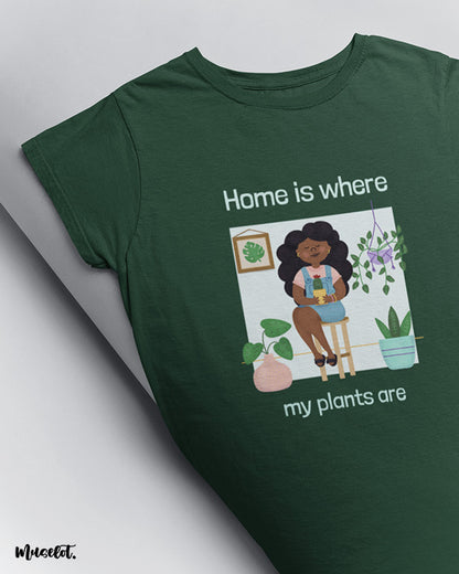 Home is where my plants are design illustrated graphic t shirt in olive green colour at Muselot