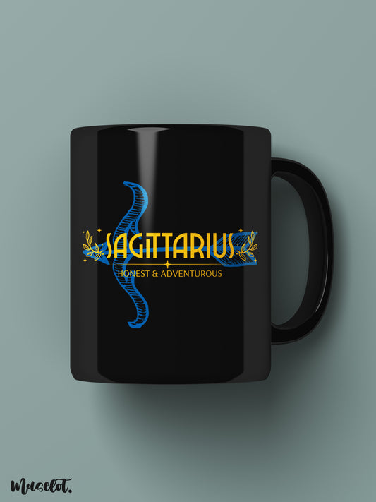 Sagittarius - honest and adventurous printed black coffee mugs which are microwavable and dishwasher safe - Muselot