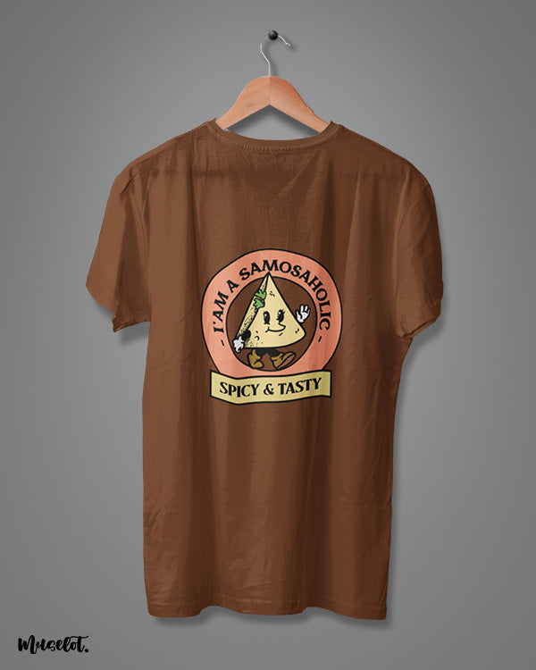 I am a samosaholic cute design illustrated graphic t shirt in coffee brown colour at Muselot