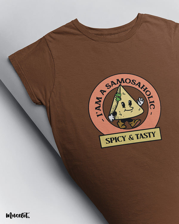 I am a samosaholic cute design illustrated graphic t shirt in coffee brown colour at Muselot
