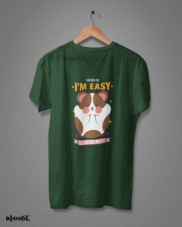 I am not fat, I am easy to see design illustrated graphic t shirt in olive green colour for body positivity at Muselot