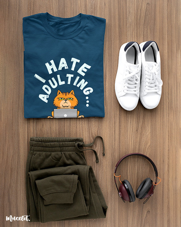 I hate adulting funny graphic design illustrated printed t shirts in navy blue colour at Muselot