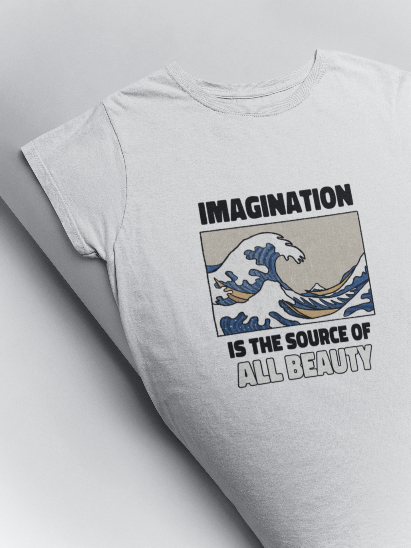 Imagination is the source of all beauty printed t shirts by Muselot in white colour