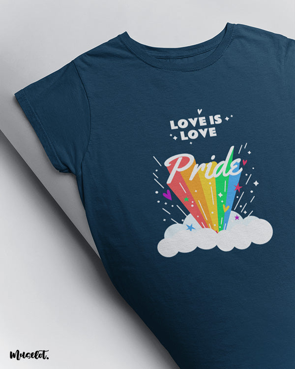 Love is love design illustration printed t shirt in navy blue colour for LGBTQ+ pride by Muselot