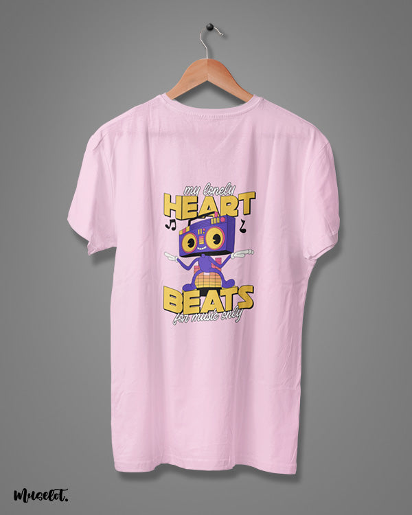 My heart beats for music only printed funny t shirts by Muselot in light pink colour 