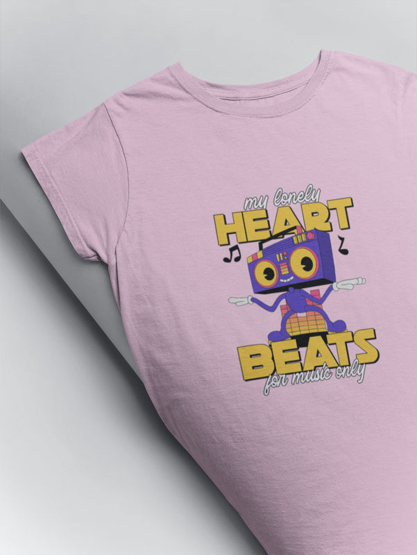 My heart beats for music only printed funny t shirts by Muselot in light pink colour
