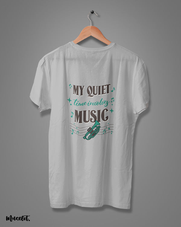 My quiet time involves music printed t shirts by Muselot in melange grey colour 