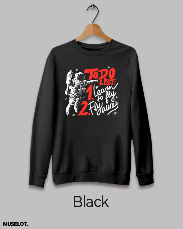 Black round neck sweatshirt printed for aspiring astronauts online - Muselot
