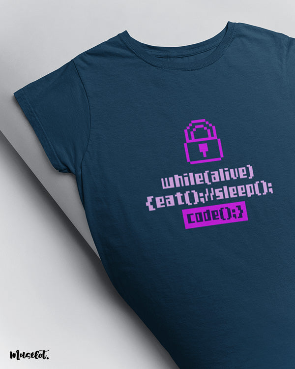 While alive, eat and sleep coding illustrated graphic t shirt in navy blue colour for coders or geeks at Muselot