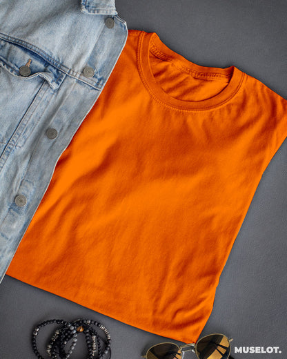 Women's plain orange half sleeves t shirt in 100% cotton and round neck - MUSELOT
