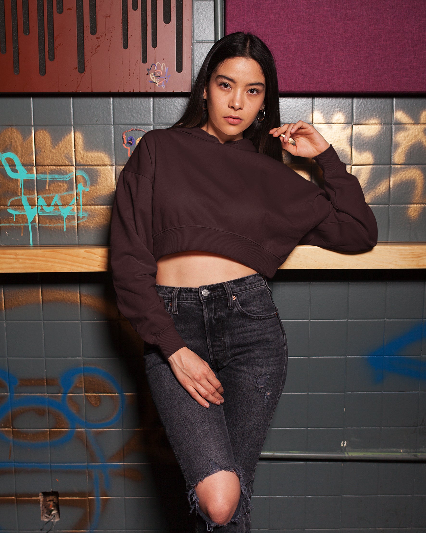 Grab your off-duty style staples, Plain maroon crop hoodie Muselot