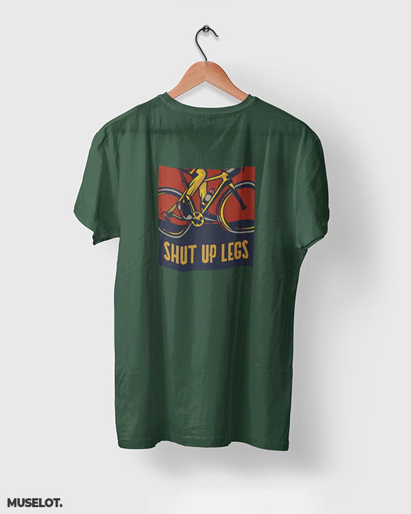 Olive green printed t shirts for cyclists printed with shut up legs  - MUSELOT