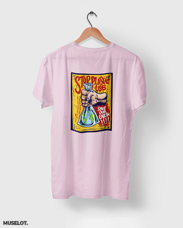 Light pink t shirt printed with stop plastic, save the earth for nature lovers - Muselot