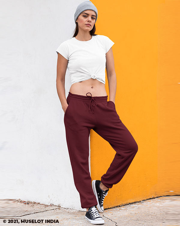 Solid coloured plain maroon unisex joggers online - Muselot