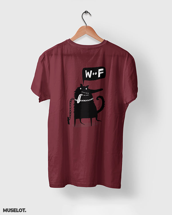 Woof printed unisex t shirt online for dog lovers in maroon colour - Muselot
