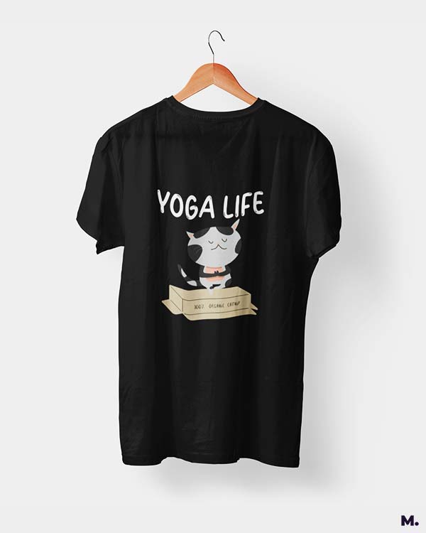 Muselot's black t-shirt printed with Yoga life - 100% organic catnip for yoga and cat lovers.