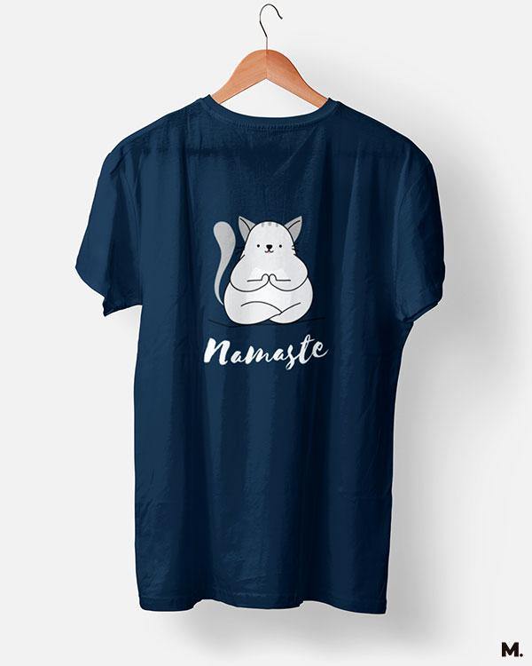 Muselot's Navy t-shirt printed with Namaste! for yoga and cat lovers.