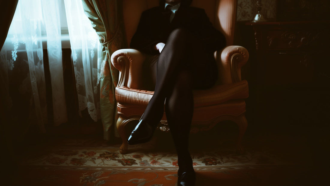 A man wearing a black sheer stockings, sit on a chair, confidentially showcasing the versatile nature and fit of the stockings-Muselot