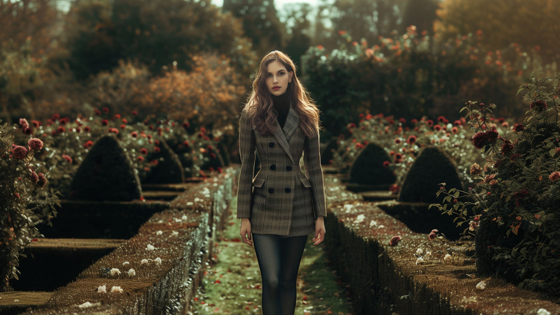 A woman in a modern, tailored dress suit paired with black tights, standing in a royal garden with manicured lawns and blooming flowers. 