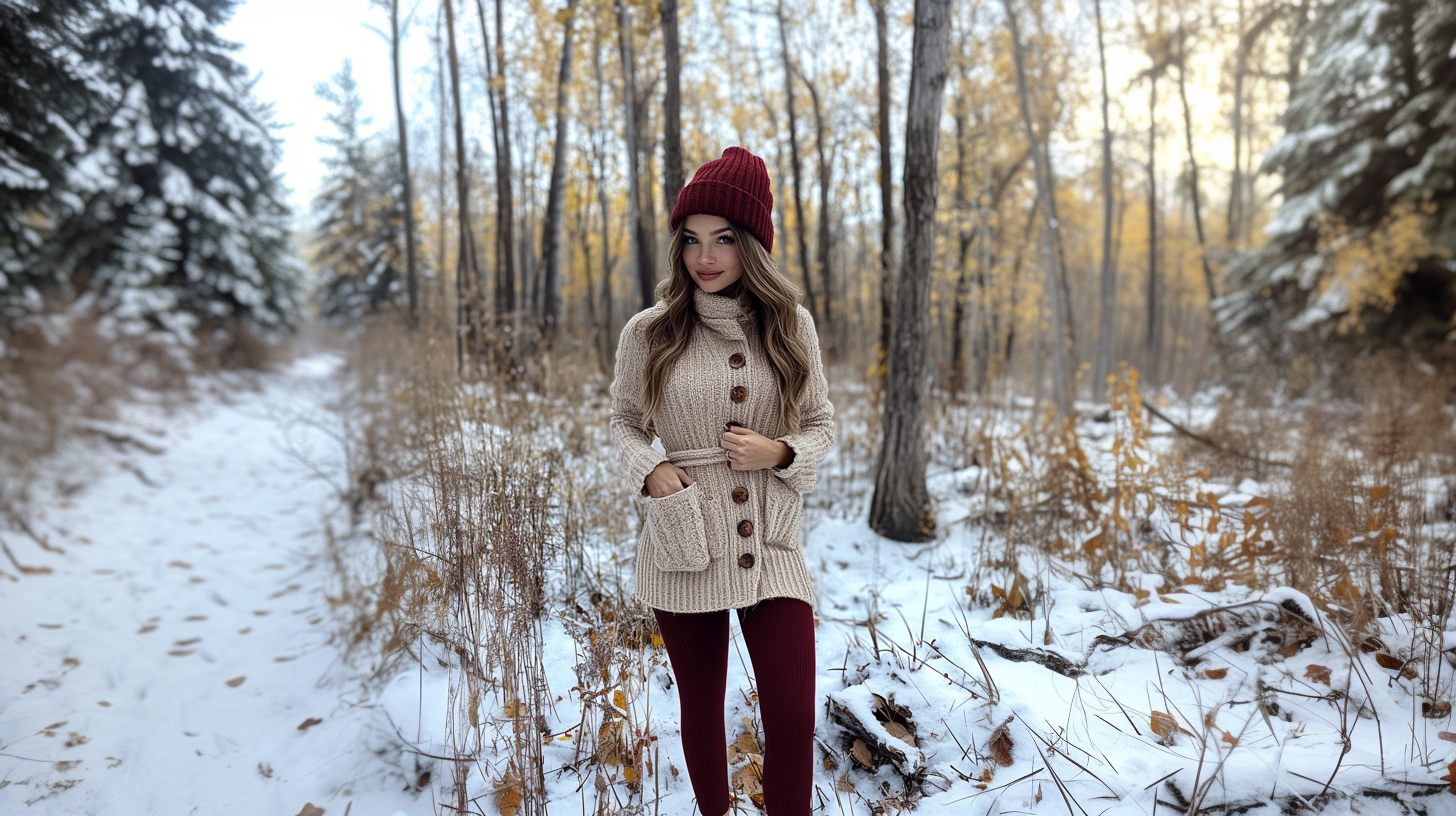 A woman stands on a snowy forest path surrounded by autumn trees, wearing a beige knit sweater with wooden buttons, a red beanie, and berry maroon warm tights, highlighting their cozy comfort and seasonal style - Muselot