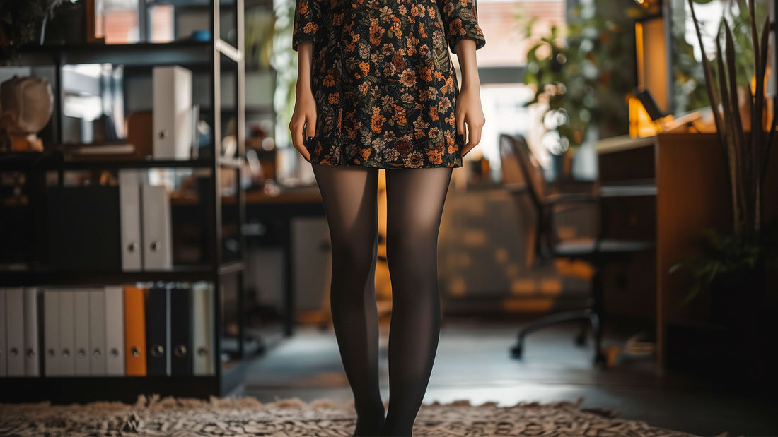 A woman wearing a floral dress paired with black tights, set against an office background, highlighting a sleek, professional finish, making the outfit both stylish and office-appropriate-Muselot