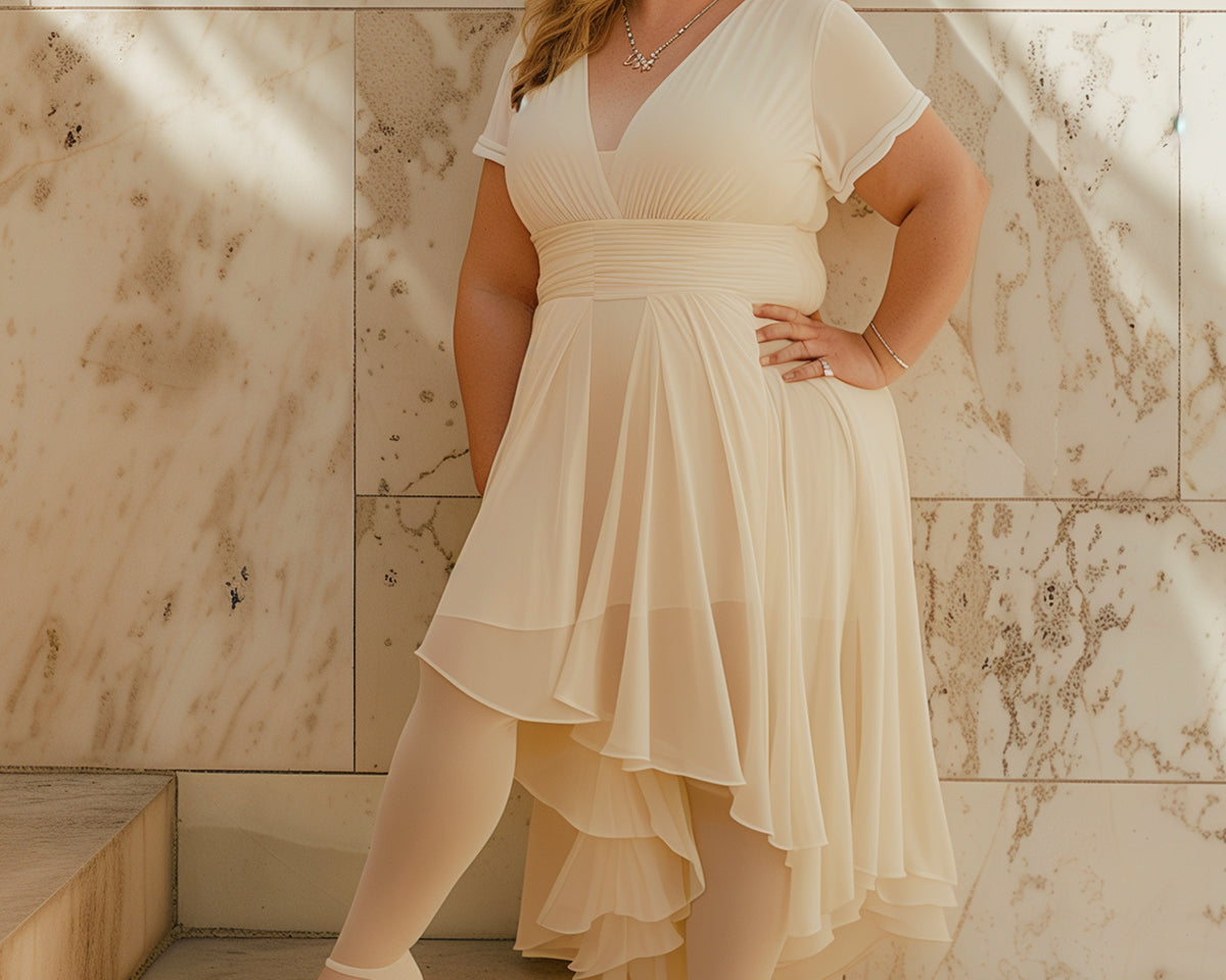A plus size women wearing a white stockings paired with a white maxi dress, posing confidently highlighting the tear proof and body hugging nature of the stockings-Muselot-Muselot