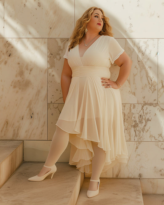 A plus size women wearing a white stockings paired with a white maxi dress, posing confidently highlighting the tear proof and body hugging nature of the stockings-Muselot-Muselot