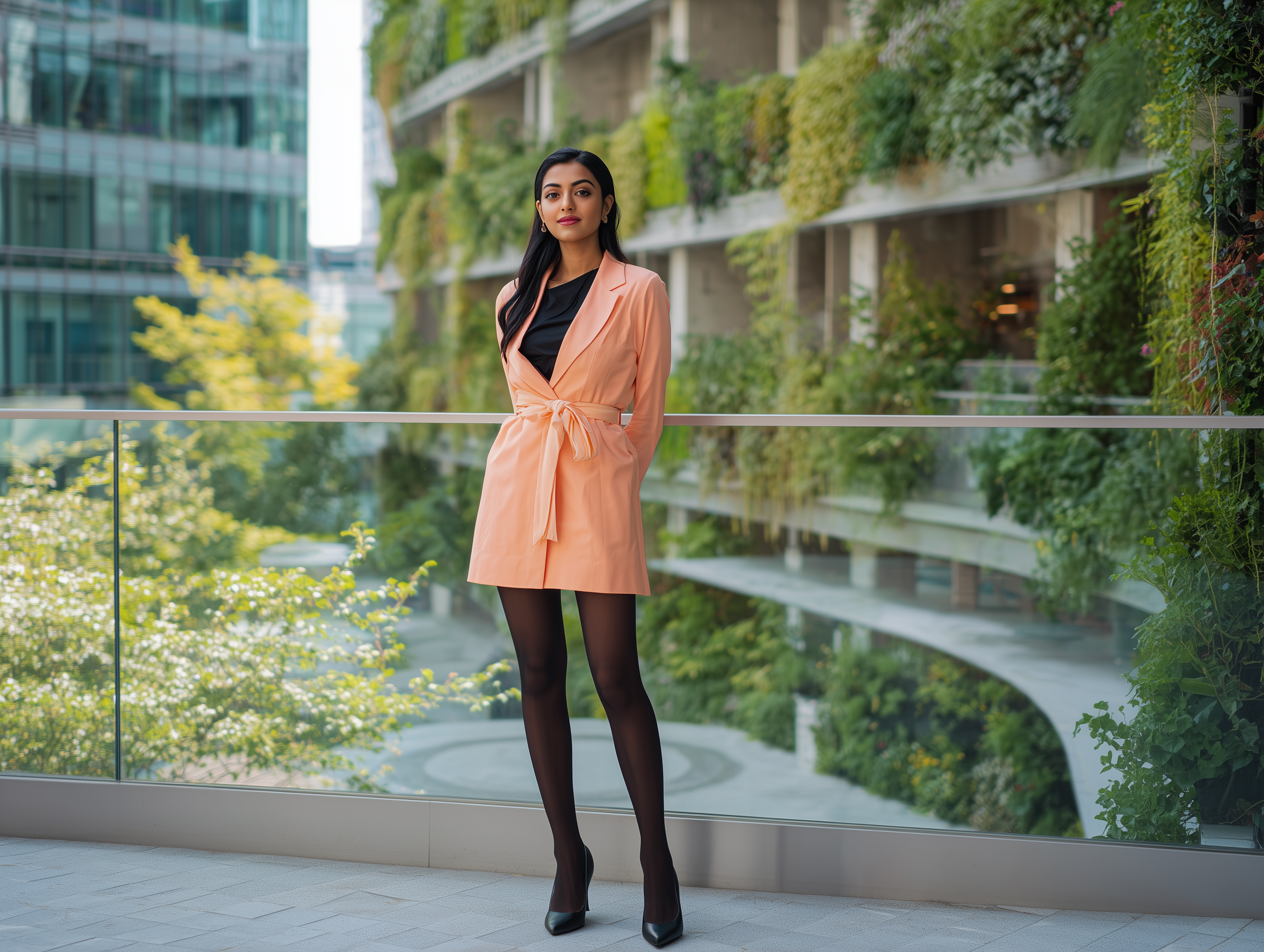 A confident woman in a peach belted coat dress paired with classic black sheer tights and heels, showcasing timeless elegance and versatile style for work or city outings - Muselot