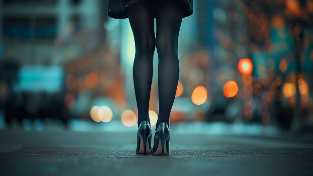 a close up shot of woman wearing black tights showcasing the durability and fine texture of the tights 