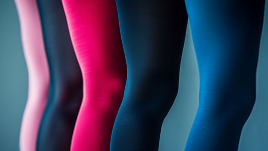 A close up shot of legs wearing semi opaque tights of various colours, showcasing the snug fit and breathable material of the tights -Muselot 