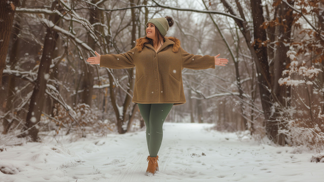 A plus size women a mint green fur lined warm tights, happily and confidently posing, showcasing the warm and snug fit of tights -Muselot 