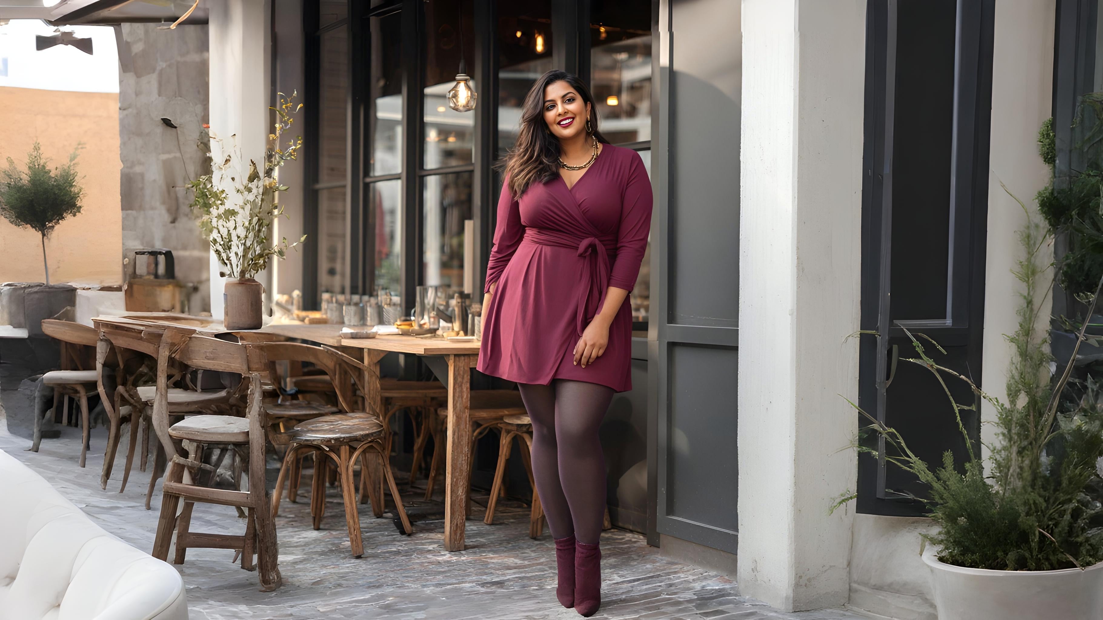 A curvy woman in a maroon wrap dress styled with semi-opaque brown tights, blending comfort and elegance in a modern café setting – Muselot