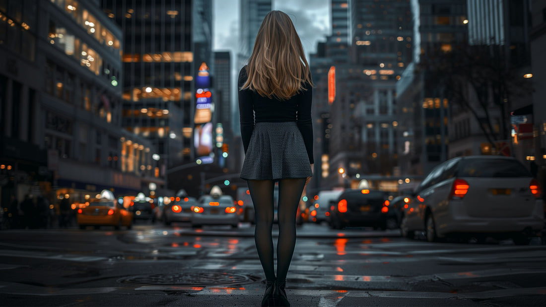 A model a black sheer stockings, paired with a mini skirt and black topin a busy street, showcasing the stylish and snug fit of the stockings-Muselot 