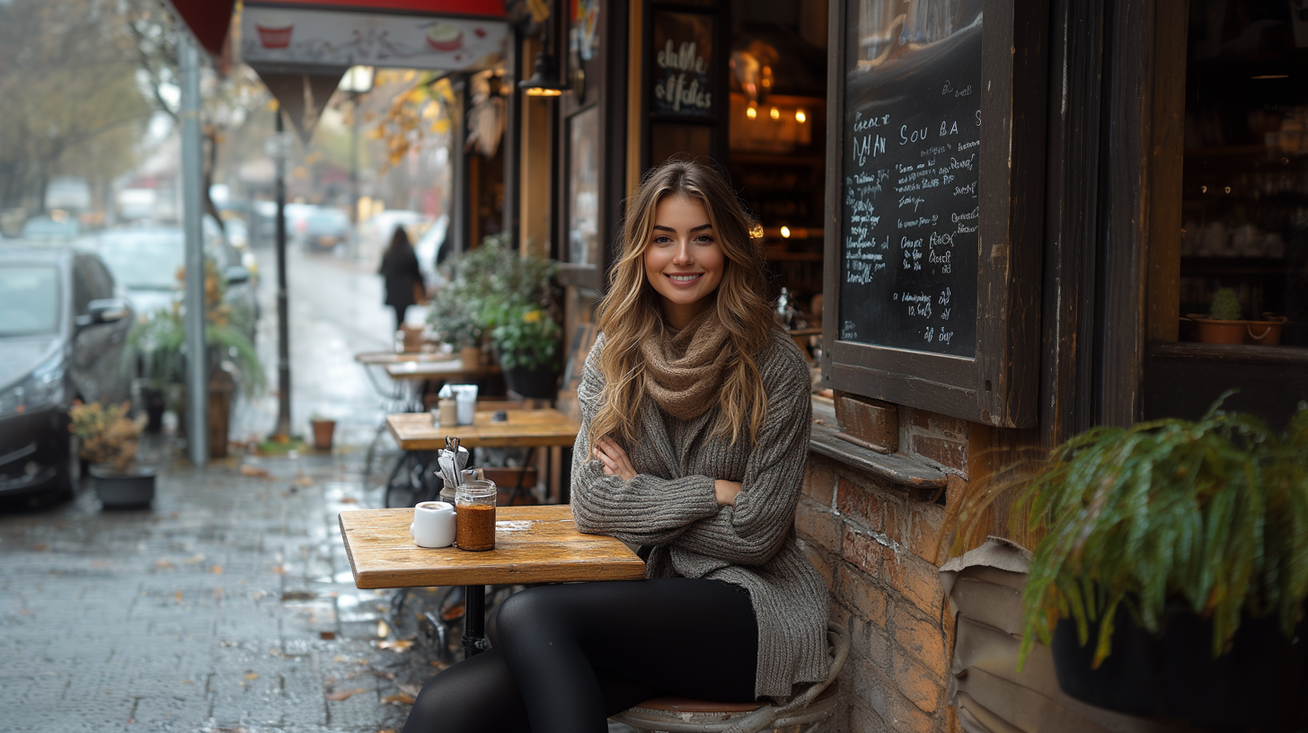 A full body img woman smiling in a stylish jumper dress, paired with sleek black tights sitting outside a cafe. The woman is accessorized with minimal jewelry, and her look is elevated with ankle boots and a light scarf-Muselot
