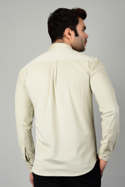 A back view of a butter cream shirt,showcasing the smooth and snug fit of the shirt-Muselot