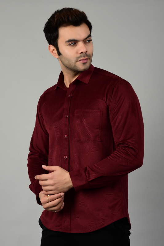 A model showcasing a soft solid full sleeve maroon shirt with a black pants-Muselot