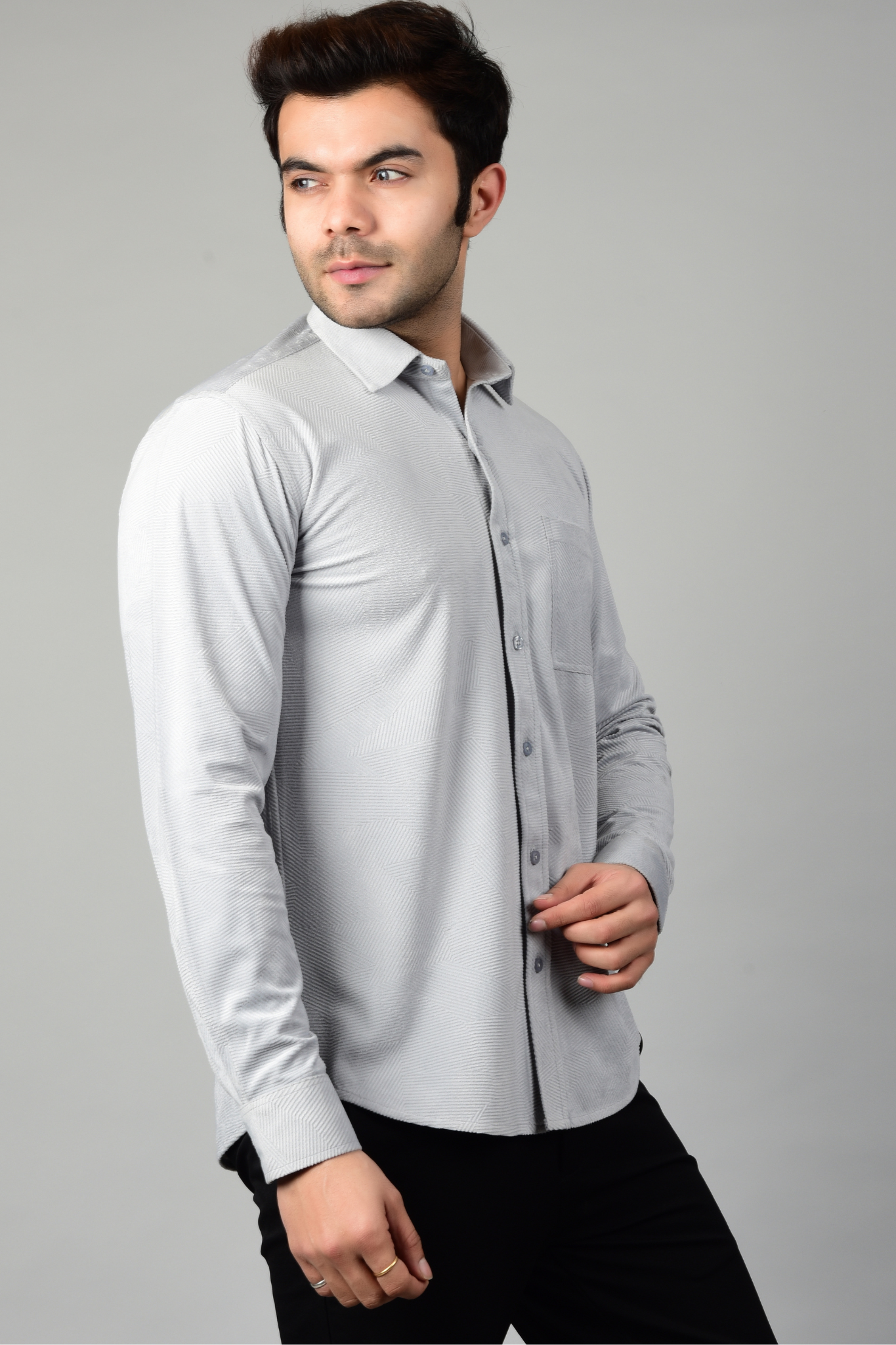 Side view of grey shirt,showcasing the snug fit of a shirt-Muselot