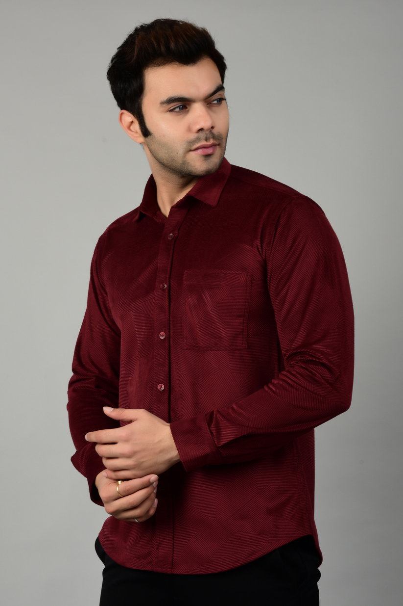 A model showcasing a shiny full sleeve maroon shirt with a black pants-Muselot