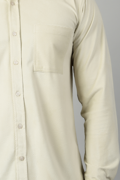 A close up view of a full sleeve cream shirt, highlighting a smooth texture and rich quality of the fabric-Muselot