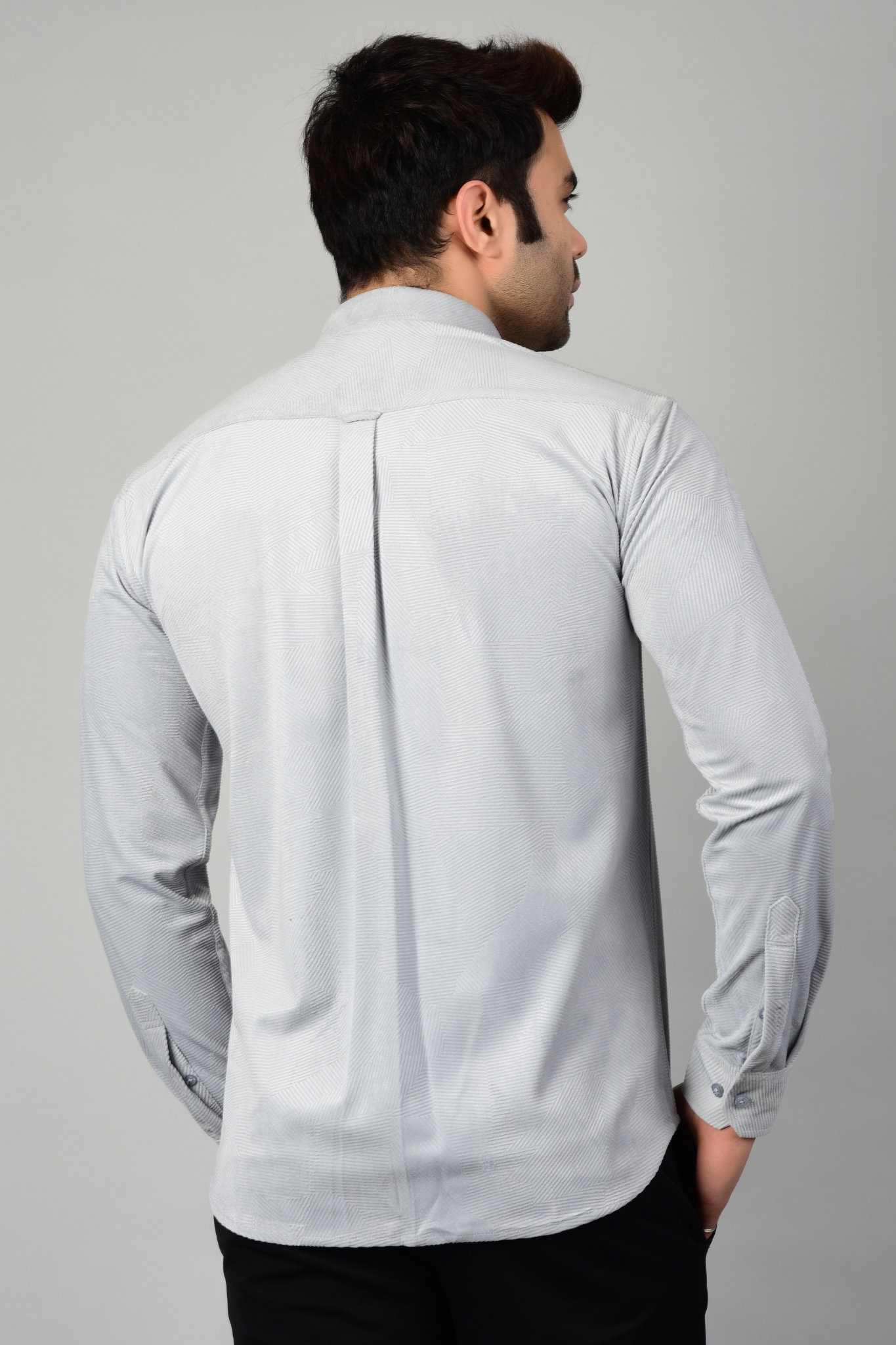 Back view of grey shirt,highlighting the rich fabric and texture patterns of the shirt-Muselot