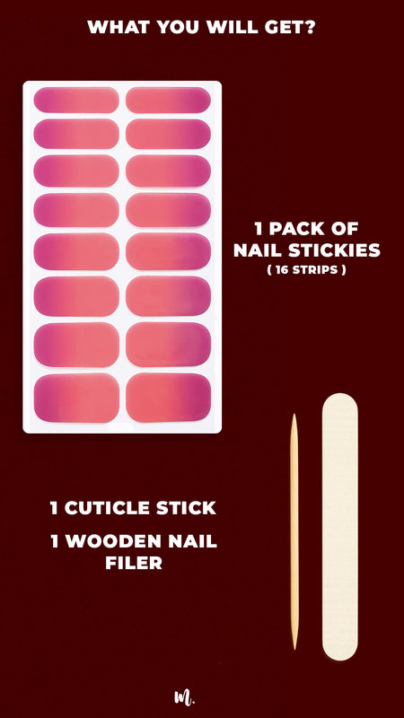 A flat lay of the Berry Bliss Ombre nail stickies kit, showcasing 1 pack of 16 ombre nail strips in a smooth coral-to-berry gradient, highlighting the included essentials – a wooden cuticle stick and a nail filer – neatly arranged to show everything you’ll get in the kit for an easy at-home manicure – Muselot.