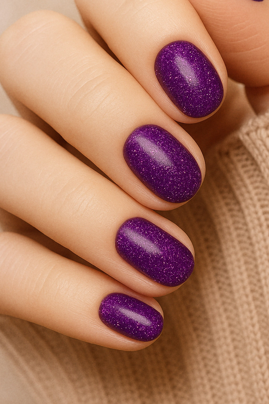 A model hand styled with Berry Cosmos Glitter nail stickies, showcasing a deep purple base lit up with tiny pink, blue, and violet sparkles. The look highlights the galaxy-like shine and bold elegance of this cosmic-inspired glitter manicure – Muselot.
