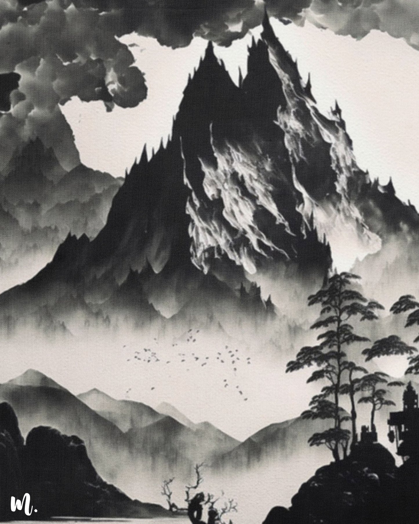 A zoomed-in view of the monochrome mountains modern canvas art reveals detailed textures and contrasts in the black-and-white landscape. It captures the intricate lines and shading of the mountains, emphasizing the depth and complexity of the artwork's design. The monochrome palette highlights the dramatic interplay of light and shadow, adding to the artwork's modern sophistication-Muselot