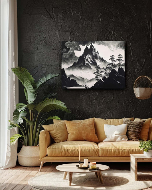 The monochrome mountains modern canvas art, displayed on a textured wall, features a dramatic, black-and-white mountain landscape. The stark contrast between the artwork and the wall's texture enhances the visual depth. A dark furniture throw adds a touch of luxury and warmth, complementing the artwork's modern, sophisticated aesthetic-Muselot