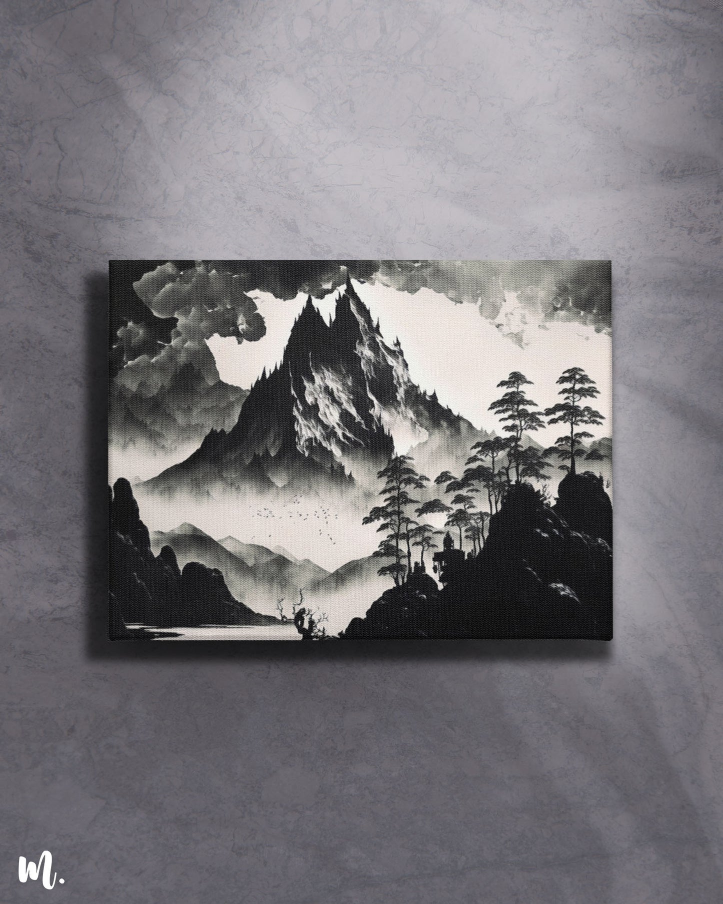 The monochrome mountains modern canvas art is mounted on a light wall, creating a striking contrast. The black-and-white mountain landscape stands out vividly against the soft background, enhancing its dramatic and contemporary appeal-Muselot