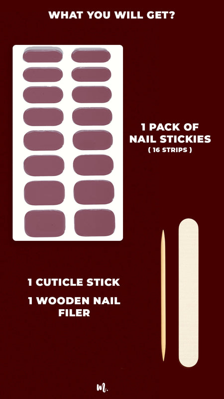 A image of Blushed Mauve art kit, showcasing everything included in the pack – glossy mauve nail stickies in multiple sizes, a cuticle stick and mini nail filer, highlighting the complete set for a perfect at-home manicure – Muselot.